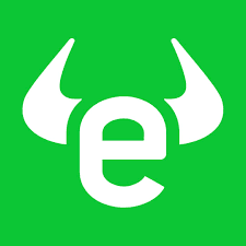 Green logo with a stylized lowercase "e" forming a bull’s head, featuring curved horns. The bold design conveys strength and financial growth.