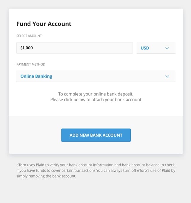 User funding their account on eToro platform