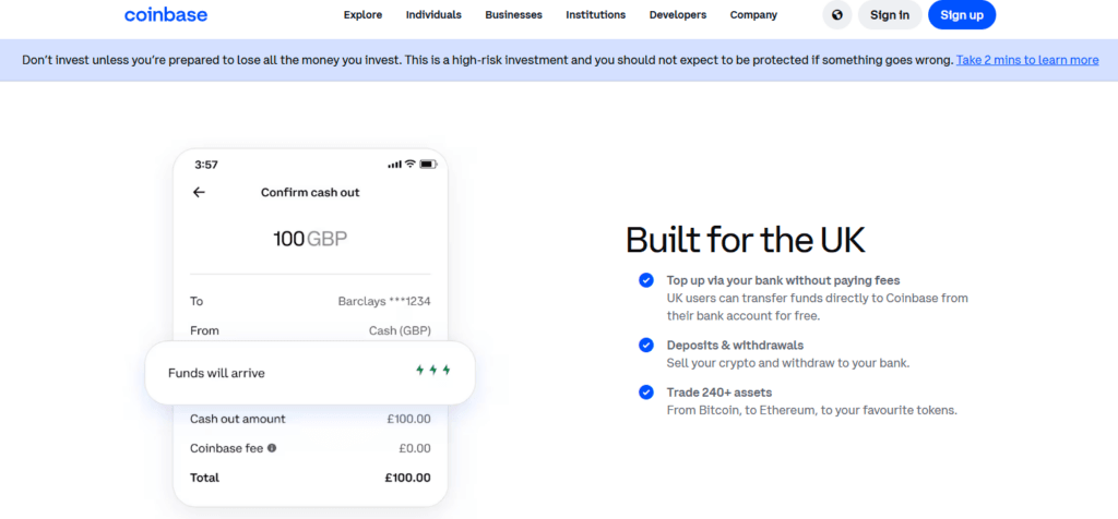 "Coinbase UK cash out confirmation screen showing £100 GBP withdrawal to Barclays with zero fees, alongside features like free UK bank transfers, crypto deposits and 240+ tradable assets."