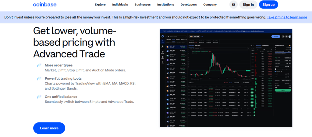 "Coinbase Advanced Trade interface showcasing real-time crypto charts, order book depth, and volume-based pricing for BTC-GBP, with features like TradingView tools and unified balance switching."
