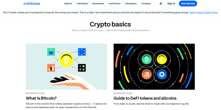 "Coinbase Crypto Basics page showing beginner guides on Bitcoin and DeFi tokens with illustrated graphics, helping new users learn about peer-to-peer crypto transactions and altcoin trading."