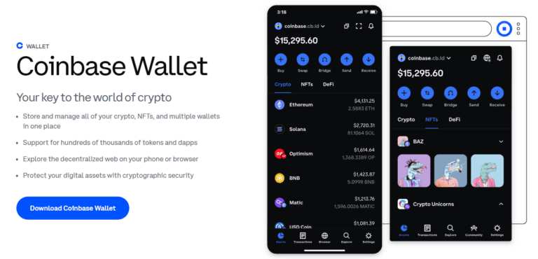 "Coinbase Wallet interface showing crypto, NFTs, and DeFi assets with Ethereum, Solana, and BNB balances, highlighting multi-asset support and secure digital asset management on mobile and web."
