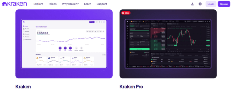 "Side-by-side comparison of Kraken and Kraken Pro trading platforms in 2025, showcasing basic portfolio dashboard and advanced charting tools for active traders."