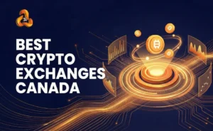 Futuristic crypto-themed image with glowing gold Bitcoin symbols, digital charts, and text "Best Crypto Exchanges Canada" on a dark background.