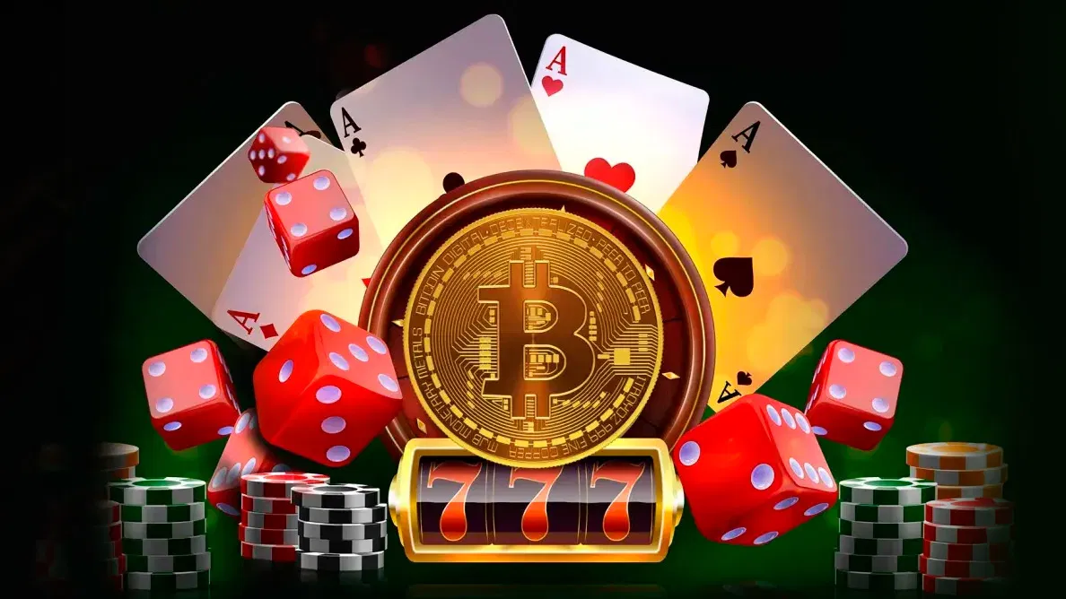 A stylized illustration featuring a Bitcoin, playing cards, red dice, and a '777' slot machine symbol against a vibrant background