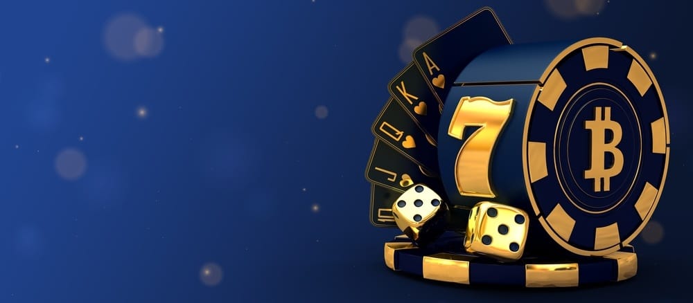 A vibrant digital illustration featuring a Bitcoin chip, playing cards, and dice against a blue background, symbolizing online gambling.