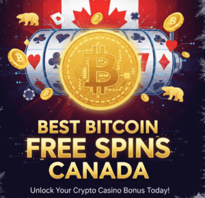 Canadian flag background with a gold Bitcoin coin centered over a slot machine and text reading "BEST BITCOIN FREE SPINS CANADA.
