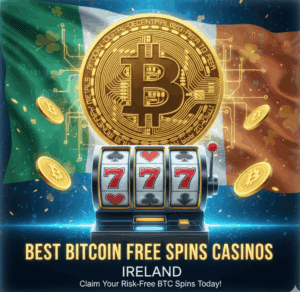 Irish flag background with a gold Bitcoin coin and a slot machine, featuring text for "Best Bitcoin Free Spins Casinos in Ireland."