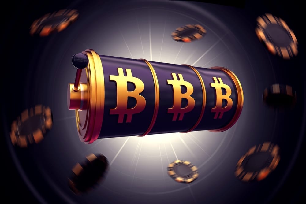 Minimalist blue background image with a gold Bitcoin coin in a slot reel and text 'Best Bitcoin Slots.'