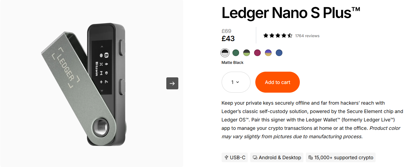 Ledger Nano S Plus hardware crypto wallet with USB-C connection and display screen