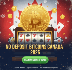No deposit Bitcoin casino graphic featuring a golden Bitcoin coin over a Canadian flag background with text for "No Deposit Bitcoin Casinos in Canada 2026