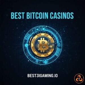 Bitcoin logo in digital circuit with "Best Bitcoin Casinos" text above and "Best3iGaming.io" below, conveying modern online gaming theme.
