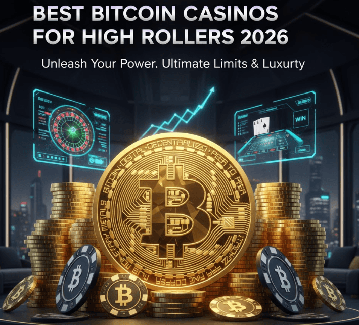 Best Bitcoin Casinos for High Rollers 2026 featuring large stacks of BTC and VIP casino chips.