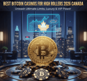 Best Bitcoin Casinos for Canadian High Rollers 2026 with large BTC and Canadian flag symbols.