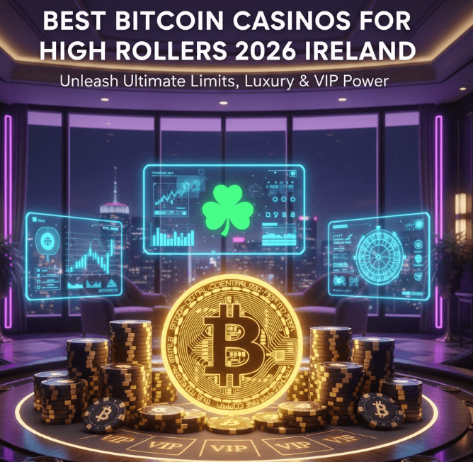 Best Bitcoin Casinos for High Rollers 2026 in Ireland featuring large crypto stacks and the Irish flag.