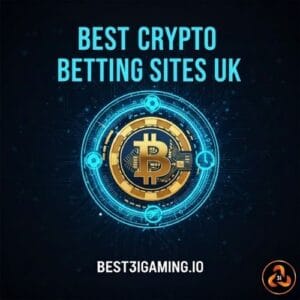 Blue digital Bitcoin logo with circuit design on a dark background. Text reads 'Best Crypto Betting Sites UK.' Website: best3igaming.io, logo in corner.