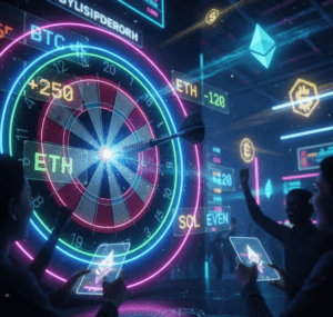 Darts player hitting bullseye with digital crypto betting graphics in background