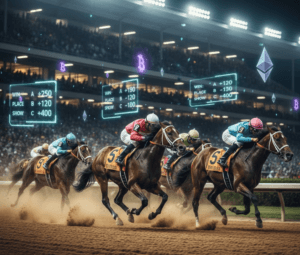 Horses racing at high speed with digital crypto betting odds integrated into the scene