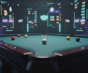 Snooker table close-up with precision shot and crypto sportsbook-style digital overlays