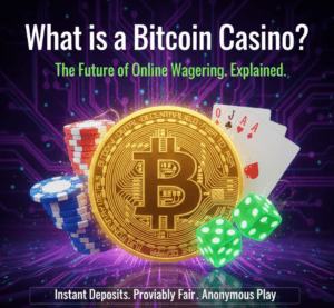 Visual defining a Bitcoin Casino with a slot machine, cryptocurrency coin, and blockchain code background