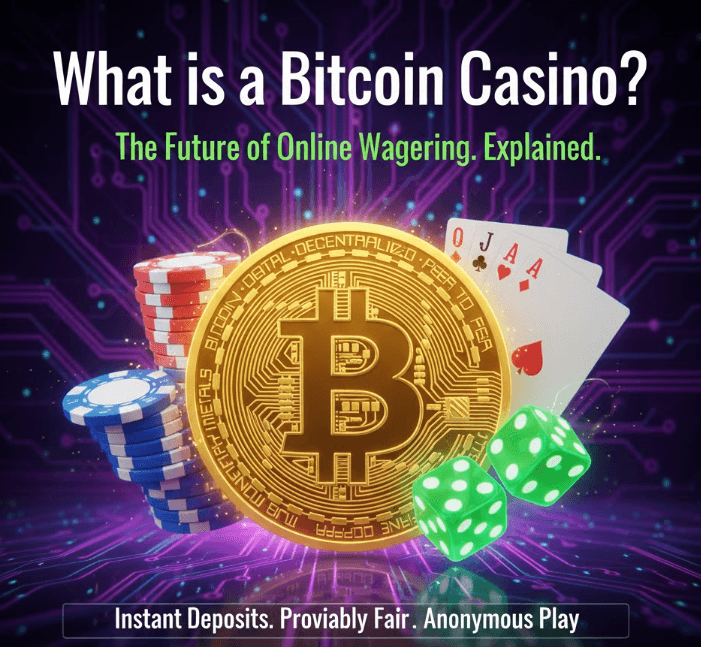 Visual defining a Bitcoin Casino with a slot machine, cryptocurrency coin, and blockchain code background
